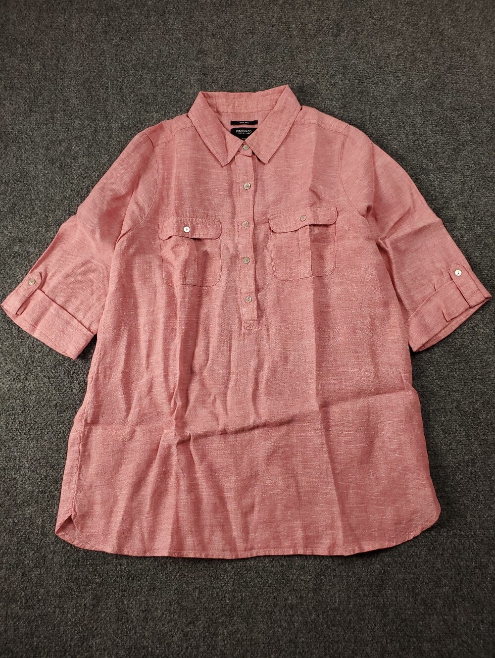 Jones New York 100% Linen Tunic Shirt Womens Medium Half Button Roll Sleeve Red